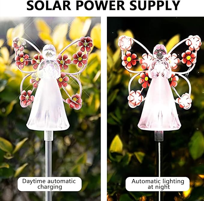 2pcs Fairy Garden Ornaments Outdoor Solar Pathway Lights, Flower Fairy Resin Figurine Lamp for Courtyard Lawn, Commemorate Gift (Pink)