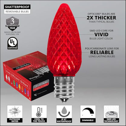 Wintergreen Lighting 50 C9 OptiCore LED Commercial Outdoor Christmas Lights – Heavy Duty Christmas String Lights; Green Wire (50 ft, Red)