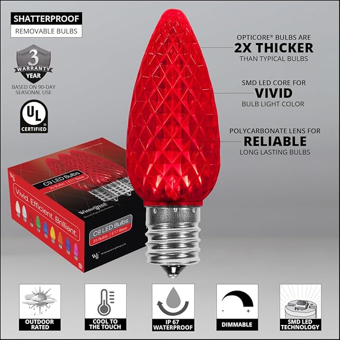 Wintergreen Lighting 25 C9 OptiCore LED Commercial Outdoor Christmas Lights – Heavy Duty Christmas String Lights; Green Wire (25 ft, Red)