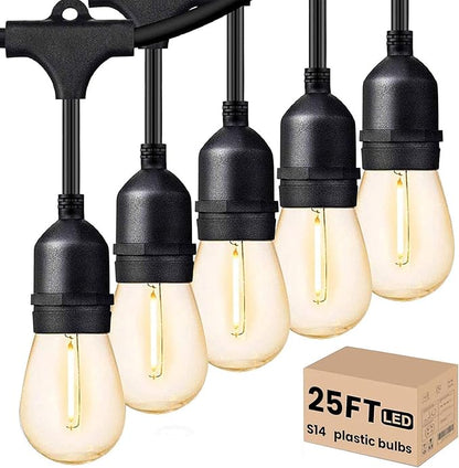 Svater Outdoor Led String Lights 25 FT, Patio Lights for Outside with 9pcs S14 Shatterproof Bulbs, 1 Watt E26 Dimmable, IP65 Waterproof, with 15 Pcs Replacement Bulbs