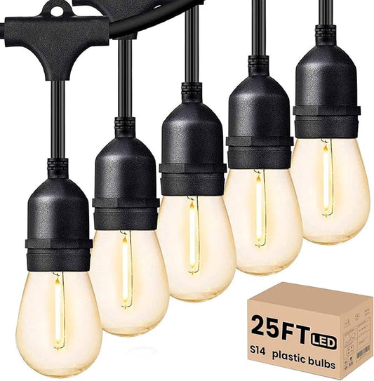 Svater Outdoor Led String Lights 25 FT, Patio Lights for Outside with 9pcs S14 Shatterproof Bulbs, 1 Watt E26 Dimmable, IP65 Waterproof, with 15 Pcs Replacement Bulbs