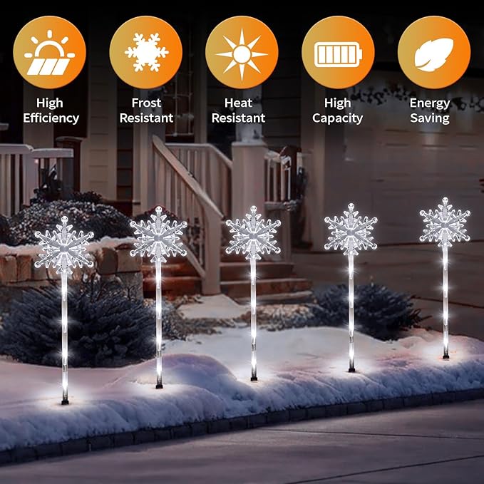 5 Pcs Acrylic Solar Pathway Stakes Lights Outdoor Waterproof, 8 Modes Christmas Decorations Outdoor Yard, Solar Christmas Garden Decor Lights (Xmas Snowflake White)