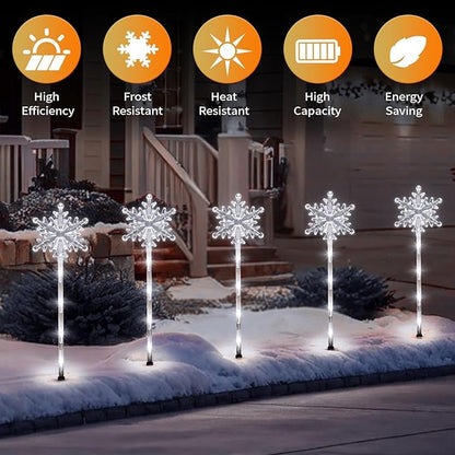 5 Pcs Acrylic Solar Pathway Stakes Lights Outdoor Waterproof, 8 Modes Christmas Decorations Outdoor Yard, Solar Christmas Garden Decor Lights (Xmas Snowflake White)