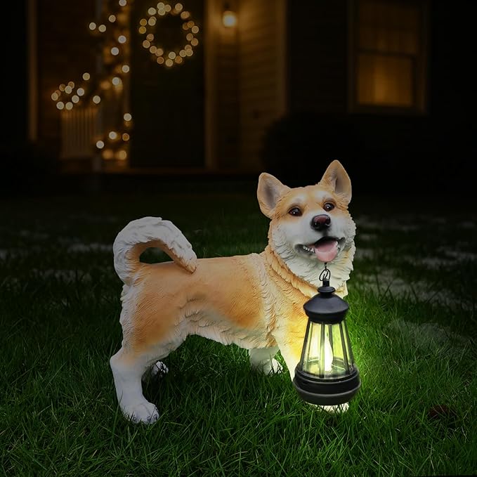 Outdoor Husky Dog Statue with Interchangeable Welcome Sign and Detachable Solar Lantern –LED Light Garden Dog Sculpture Décor, Cute Puppy Design for Yard, Porch, Gift