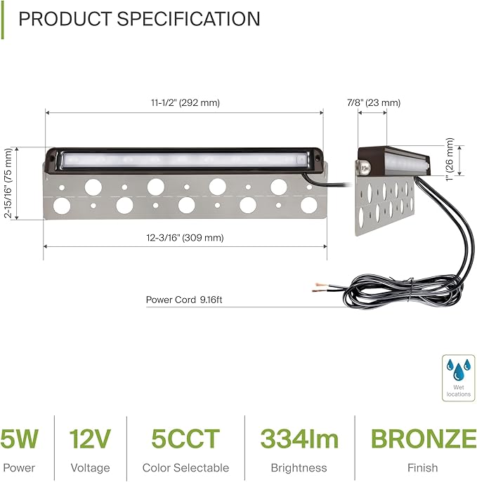 ASD LED 12 Inch Retaining Wall Light Fixture, Hardscape Paver Lighting | 5CCT, Low Voltage, Swivel, Waterproof, ETL Listed | 5W 330LM 2200K-5000K 12V | Landscape Step Illumination | Bronze, 2 Pack
