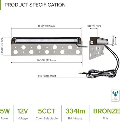 ASD LED 12 Inch Retaining Wall Light Fixture, Hardscape Paver Lighting | 5CCT, Low Voltage, Swivel, Waterproof, ETL Listed | 5W 330LM 2200K-5000K 12V | Landscape Step Illumination | Bronze, 2 Pack