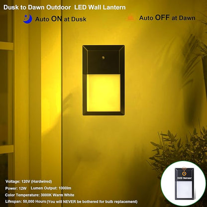 LIT-PaTH Dusk to Dawn Outdoor Wall Lantern, LED Wall Sconce for Porch Lighting Fixture, 12W 1000 Lumens, Aluminum Housing Plus PC, 2-Pack, 3000K-Black Finish