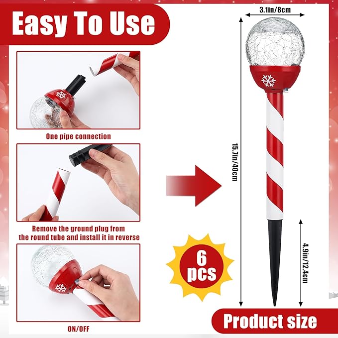 6 Pcs Christmas Solar Pathway Lights Outdoor Stainless Steel Solar Candy Cane Path Torch Lights for Yard Patio Garden Outside Walkway Driveway Landscape Stakes Xmas Outdoor Decorations