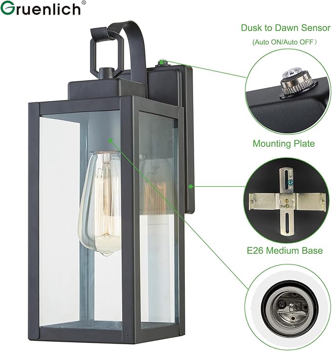 GRUENLICH Dusk to Dawn Outdoor Wall Lantern, Wall Sconce for Porch Lighting Fixture, E26 Base Max 60W, Metal Housing Plus Glass, Matte Black Finish, Bulb Not Included, 1-Pack