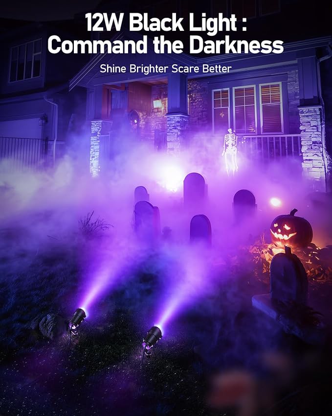 HIBOITEC Halloween Black Light Spotlight Outdoor 12W IP65 Waterproof LED Spot Lights Landscape Lighting with US Plug for Glow Party Body Paint Yard Garden Decorations 4Packs