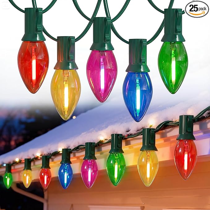 C7 LED Christmas Lights, 25Ft C7 Multicolor String Lights with 27 Clear Bulbs, LED String Lights for Christmas Tree Decor Patio, 0.6 Watt E12 Candelabra Base