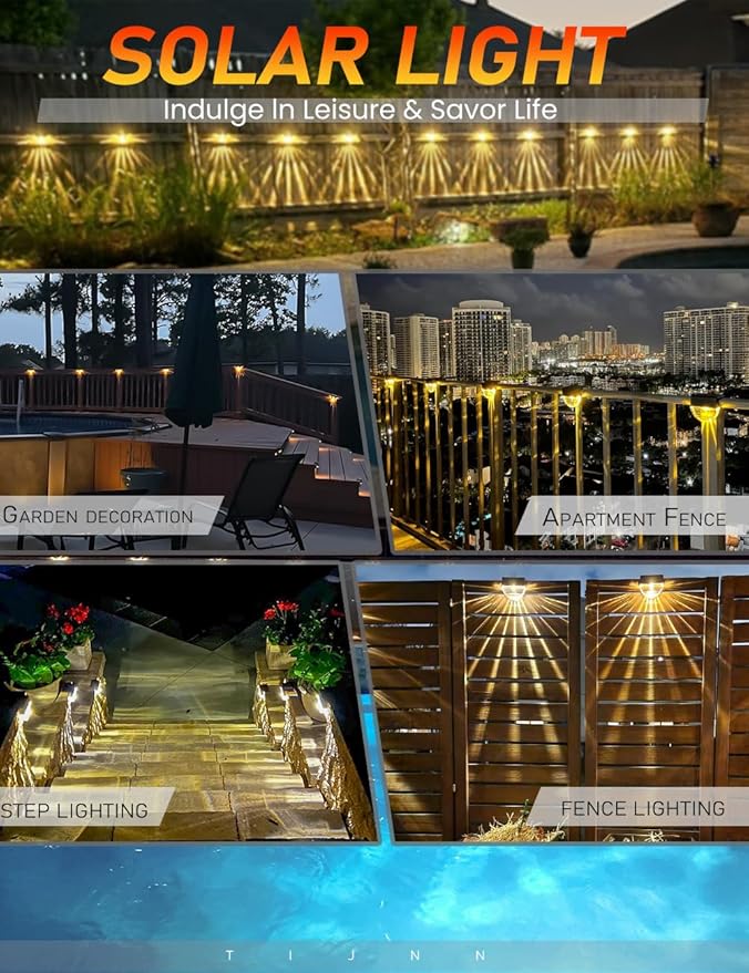 TIJNN Solar Deck Lights Outdoor, Solar Fence Lights Waterproof Led for Outdoor Stairs, Step, Yard,Patio Decor | Lumora