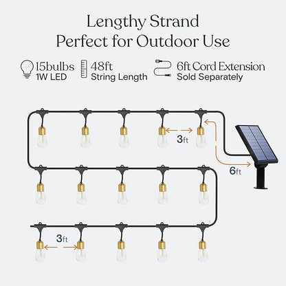 Brightech Glow Solar LED String Lights - Commercial Grade Waterproof Patio Lights with Beautiful Brass Accents - Shatterproof LED Solar Outdoor String Lights - 1W, Soft White Light - 27 Ft