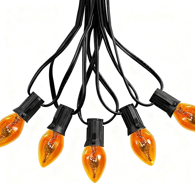 Flickering Flame String Lights, 25Ft C7 Orange Halloween String Lights, Orange Flicker Flame Lights for Outdoor and Indoor Decor, Halloween Lighting for Party Decorations