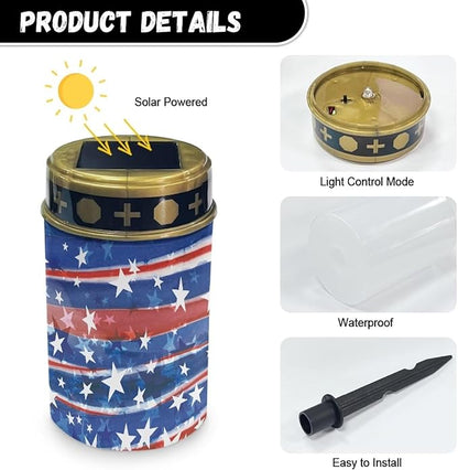 American Flag Stripes Cemetery Solar Lights for Grave Printed Solar Garden Lights for Cemetery Solar Lights Outdoor Garden, Eternal Lights for Cemetery Grave Decorations