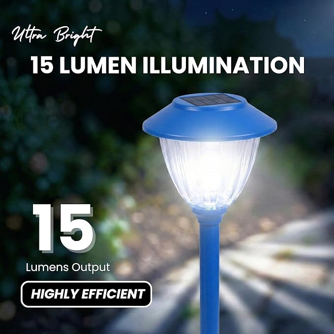Energizer Outdoor Patio Light - 8 Pack Solar Garden Decor Lights with 15 Lumen Output & Patterned Glass & Metal Finish, Simple to Install Waterproof Ground Solar Lights for Driveway Decor - Blue