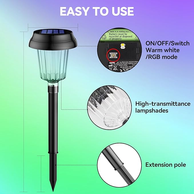 TECKNET Solar Pathway Lights, Color Changing Solar Lights with Warm White & RGB Colored for Valentine's Day, Colored Pathway Light Outdoor Waterproof (IP68) for Yard, Auto On/Off (10 Pack)