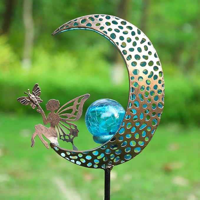 Bshine Moon Solar Light Outdoor Garden Decoration, Moon Fairy Garden Statue Decor,Metal Waterproof Light Stake for Patio, Path, Yard and Lawn Ornament, Housewarming Gift for Mom,Blue