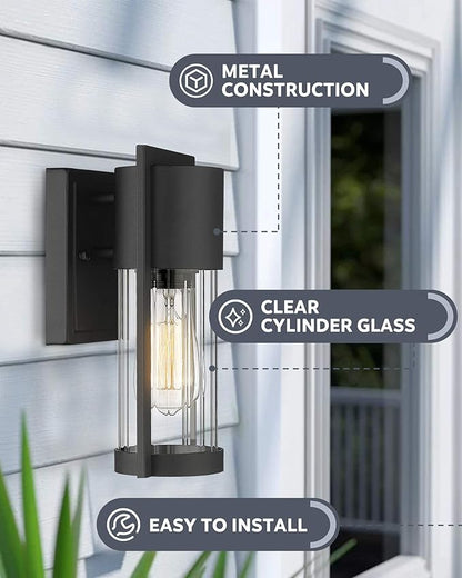 Outdoor Wall Lights, 2 Pack Black Exterior Lighting Fixtures Outdoor Waterproof Wall Mount Lantern with Glass, Modern Outside Wall Sconce for House Porch Garage Doorway, 2254/1W-2PK