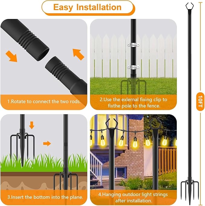 LETIANPAI 10Ft String Light Poles 4 Pack,Light Poles for Outside Lights,Outdoor with Fence Brackets Hanging | Lumora