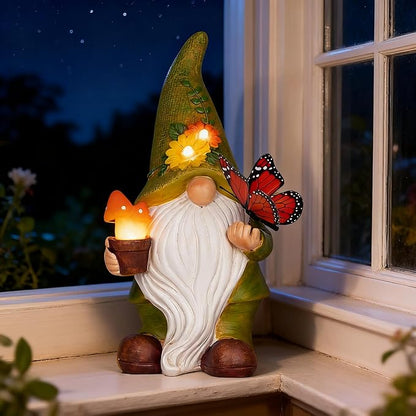 Garden Gnomes Outdoor Garden Decor-Resin Gnome with Solar Outdoor Lights Decorative Mushroom and Vivid Butterfly Spring Gnomes Decorations for Yard Decor,Gardening Gifts for Women
