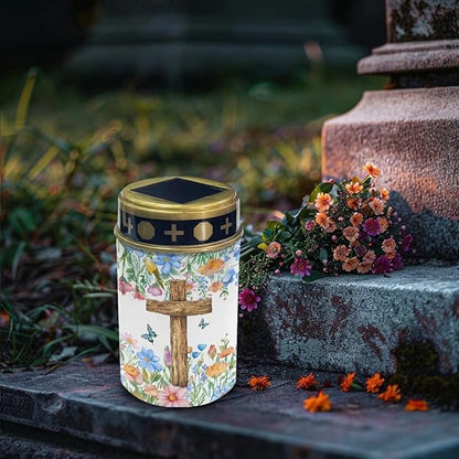 Cross Floral Solar Landscape Lights Outdoor Soft White Solar Cemetery Lights for Grave Solar Cemetery Lamp Blessed Candles for Home Memorial Decoration,Yard Path Stake Lights