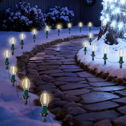38FT C9 LED Christmas Pathway Lights,25 Warm White Connectable Weatherproof LED Christmas Walkway Lights with C9 Bulbs and Stakes for Driveway Yard Lawn Sidewalk Xmas Decoration