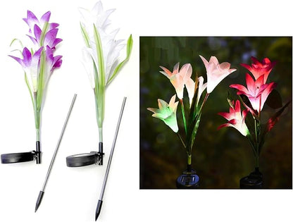 Outdoor Solar Flower Garden Stake Lights (2 Pack) Garden Lilly Flowers Multi Color LED Light Changing White and Purple Indoor-Outdoor