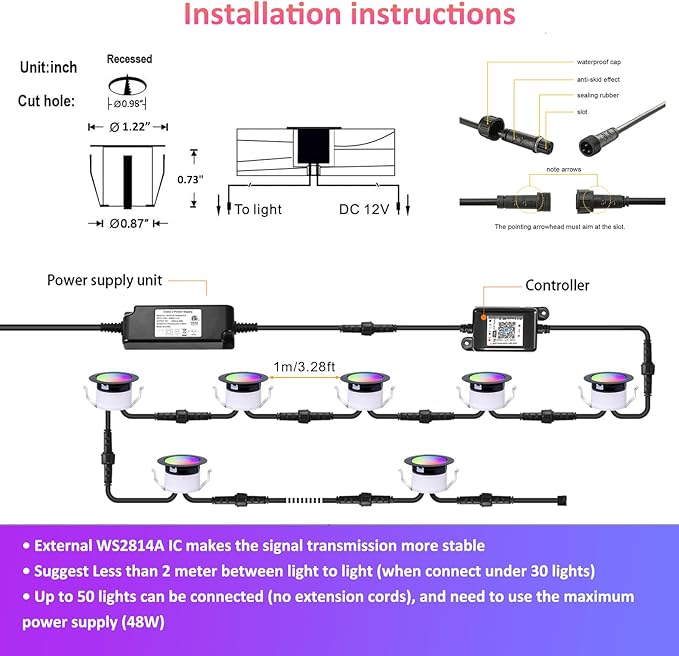LED Deck Lights Kit, 10Pack 1.22" Low Voltage WiFi RGBW+IC Multicolor Dynamic Recessed Deck Lighting Work with Alexa/Google Home, IP67 Waterproof 12V Step Lights Outdoor for Garden Yard Path Stairs