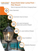 Gama Sonic Outdoor Solar Post Light with Pier Base, Weathered Bronze Finish Aluminum and Beveled Glass, Royal Bulb | Lumora