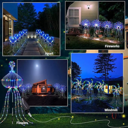 6 Pack 720 LED Outdoor Solar Ground Inserted Colorful Fireworks Lights with Remote Control, Waterproof Solar&USB Powered Courtyard Atmosphere Decorative Lights,8 Modes DIY Path Light.
