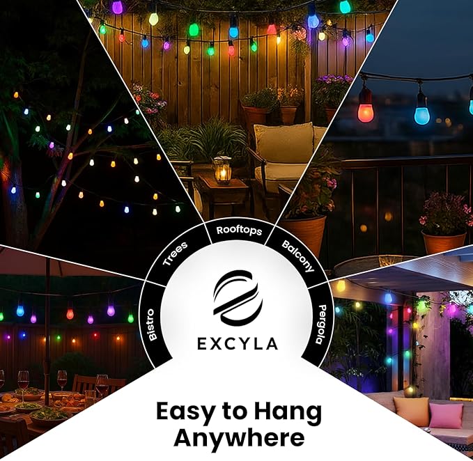Smart Outdoor String Lights for Patio & Backyard | LED Color Changing Dimmable Bulbs | Waterproof & Shatterproof Design | Remote & App Control | Alexa Compatible | 15 Bulbs | 50ft | Pack of 2