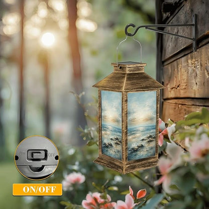 Solar Lantern Outdoor Waterproof Abstract Light Blue Coastal Theme Modern Ocean Skyline Sunset Sunrise Garden Decor LED Solar Lights Hanging/Tabletop Lamp Gifts for Women Mom for Outside Yard Patio