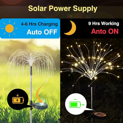 Lewondr Firework Solar Garden Lights 4 Pack, 120 LED Solar Firework Lights with 8 Lighting Modes, Waterproof Sparkler Starburst Solar Lights Outdoor for Yard Porch Patio Backyard, Warm