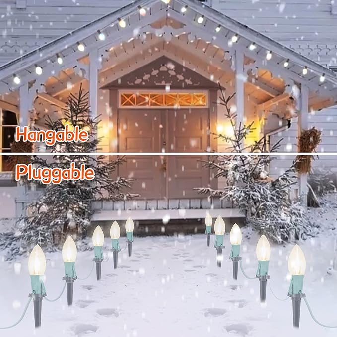 C9 LED Christmas Pathway Lights, 2 Sets Total 51.4 Ft Christmas Path Light with 40 Bulbs and Stakes, Extendable Waterproof String Lights for Walkway Driveway Lawn Outdoor Decorations, Warm White