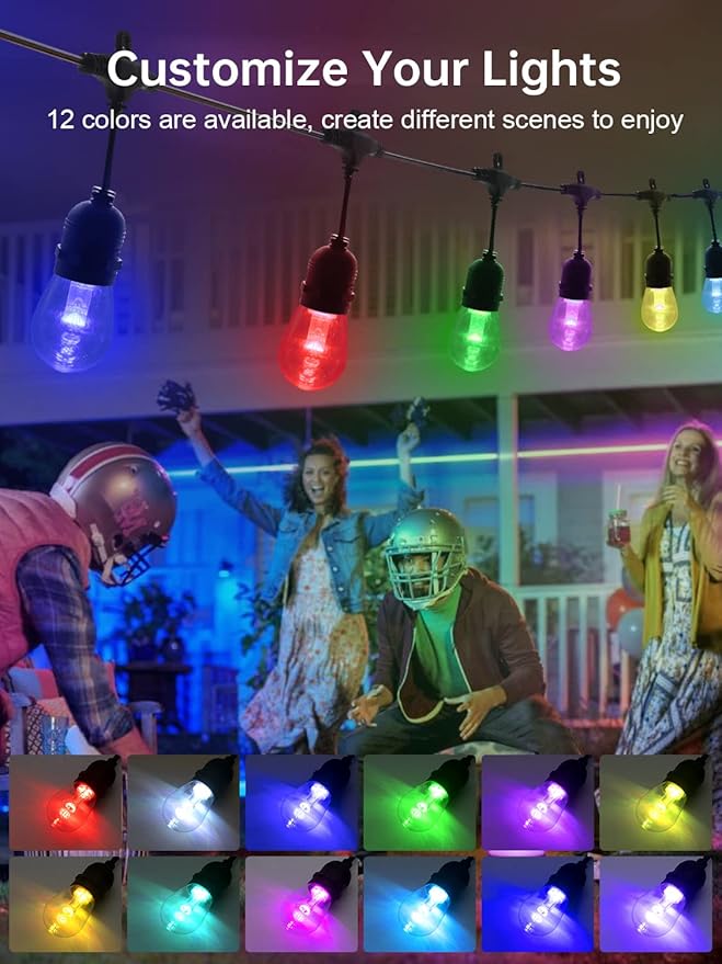 Commercial Grade 48FT LED Outdoor String Lights with Remote Control - 15 Shatterproof Bulbs Waterproof Color Changing Christmas Lights, Dimmable for Patio, Garden, Wedding Decor