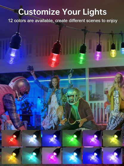 Commercial Grade 50FT LED Outdoor String Lights with Remote Control - 15 Shatterproof Bulbs Waterproof Color Changing Christmas Lights, Dimmable for Patio, Garden, Wedding Decor