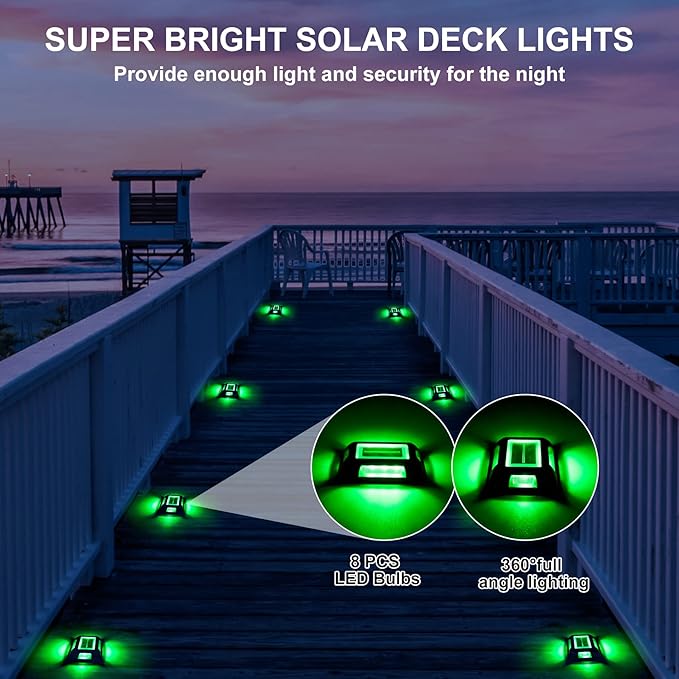 Solar Green Deck Lights Driveway Dock Lights St. Patrick's Day Decor Light- 8 Packs Waterproof 1200mAh Outdoor LED Aluminum Dock Lighting Road Markers for Driveway Sidewalk Garden Pathway Yard
