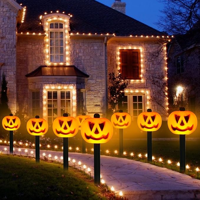 Halloween Decorations Outdoor 4 Sets Solar Pumpkin Pathway Lights for Outside 7 Lighting Modes IP65 Waterproof for Yard Garden Pathway and Walkway