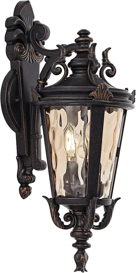 John Timberland Casa Marseille European Outdoor Wall Light Fixture Bronze Scroll 21 3/4" Champagne Hammered Glass | Lumora