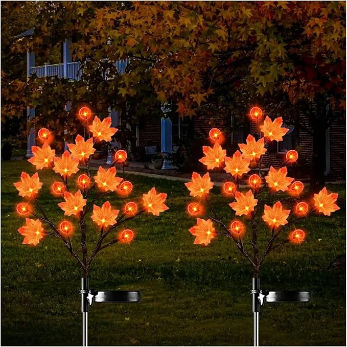 2 Pack 40LED Solar Outdoor Maple Leaf Lights for Fall Decor-3D Maple Pumpkin Thanksgiving Lights with 2 Modes | Waterproof Solar Garden Lights for Yard, Pathway, Halloween, Christmas Decorations