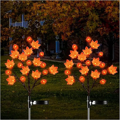 2 Pack 40LED Solar Outdoor Maple Leaf Lights for Fall Decor-3D Maple Pumpkin Thanksgiving Lights with 2 Modes | Waterproof Solar Garden Lights for Yard, Pathway, Halloween, Christmas Decorations
