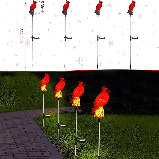 Baquler 4 Pack Solar Cardinal Stake Light Cardinal Decor Garden Red Bird Figurine Memorial Solar Light Outdoor Pathway Yard Lawn Ornaments for Outside Decorations Grave Valentine Gifts Women
