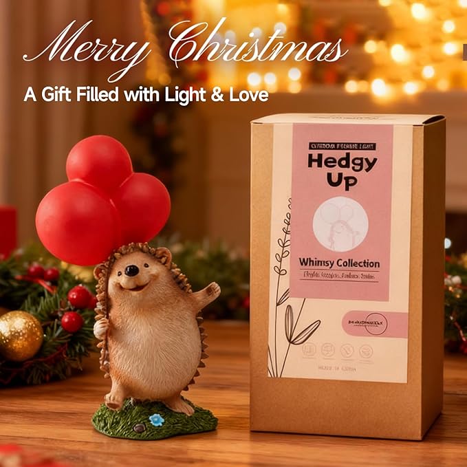 WHIMSYNOOK Hedgehog Figurine with Balloon – Solar LED Garden Statue & Whimsical Gift Décor, 10.4" Resin Cute Animal Light for Porch, Lawn, Yard, Housewarming, or Birthday
