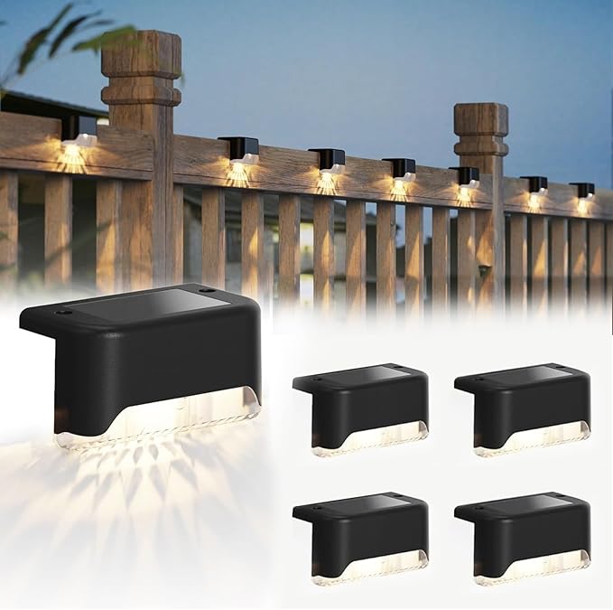 JACKYLED Solar Deck Lights 4 Pack Solar Fence Light Solar Powered Outdoor Step Light IP65 Waterproof LED Pathway Light for Deck Fence Railing Garden Patio StairYard, Black