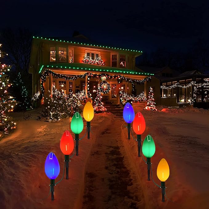 C9 Christmas Path Marker Light Outdoor, 7 Feet LED Christmas Pathway Lights with 4 LED Multicolor Lights and 4 Stakes Waterproof Lawn Walkway Lane Marker Decoration