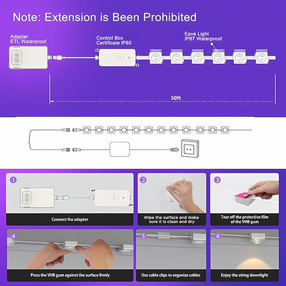 Permanent Outdoor Lights, 50FT RGB LED Smart Eaves Lights with 30 LEDs, IP67 Waterproof, Remote/APP Control, DIY Scene Modes, Music Sync Lighting for Party, House, All Holiday Decorations
