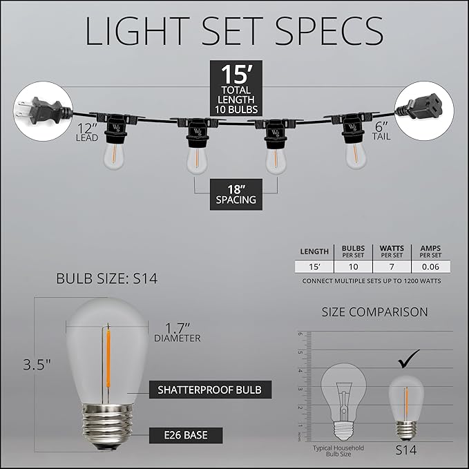 Wintergreen Lighting 15ft S14 Shatterproof Outdoor String Lights, 10 Edison Bulbs Dimmable LED Commercial Grade String Lights, Connectable, Black SJTW Wire