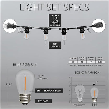 Wintergreen Lighting 15ft S14 Shatterproof Outdoor String Lights, 10 Edison Bulbs Dimmable LED Commercial Grade String Lights, Connectable, Black SJTW Wire