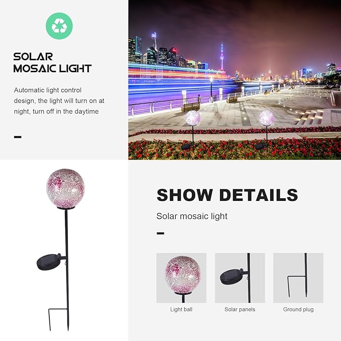 Solar Mosaic Ball-Shaped Lawn Light Waterproof Outdoor Solar Garden Pathway Light Ground Insert Lamp for Patio Backyard Landscape Decor